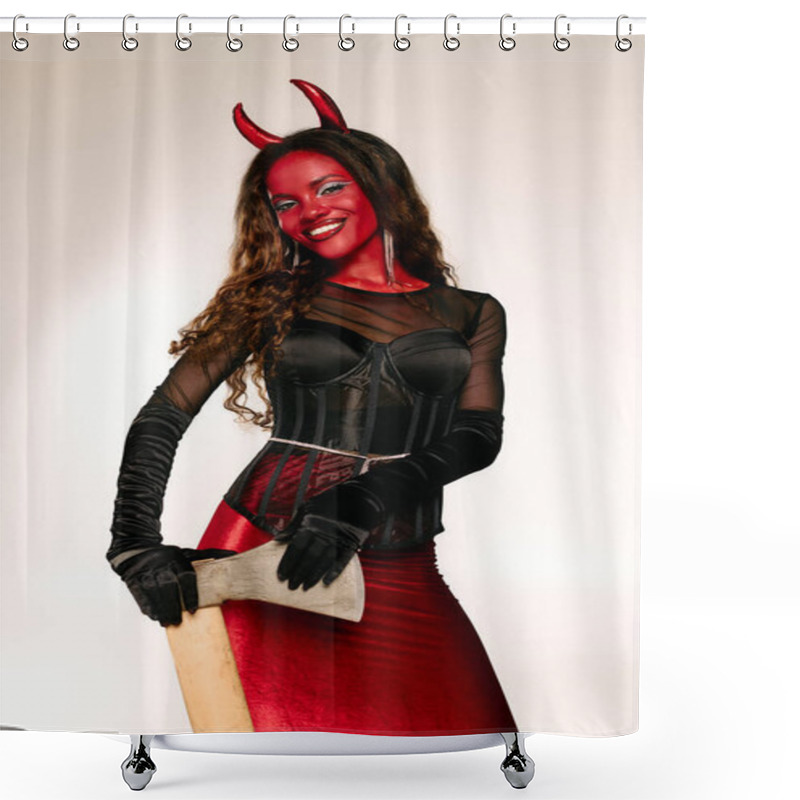 Personality  A Stunning Woman In A Devil Costume Exudes Confidence At The Halloween Celebration. Shower Curtains