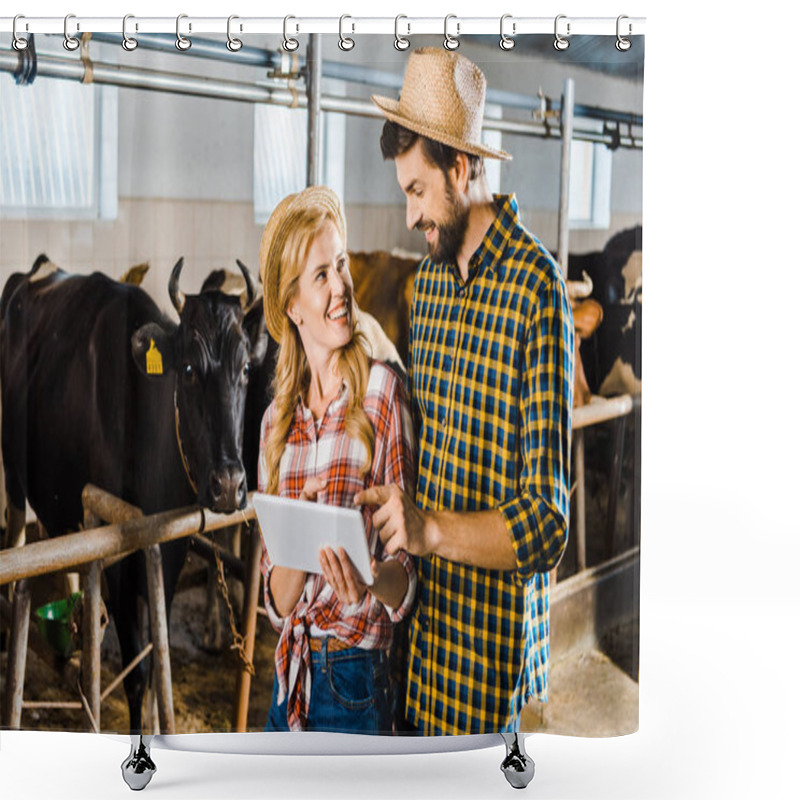 Personality  Smiling Couple Of Farmers Using Tablet In Stable With Cows Shower Curtains