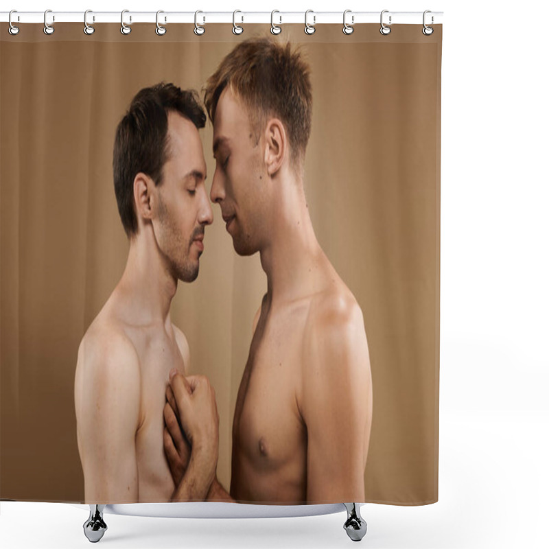 Personality  Two Young Men Share A Close, Affectionate Moment, Embracing And Connecting Deeply. Shower Curtains