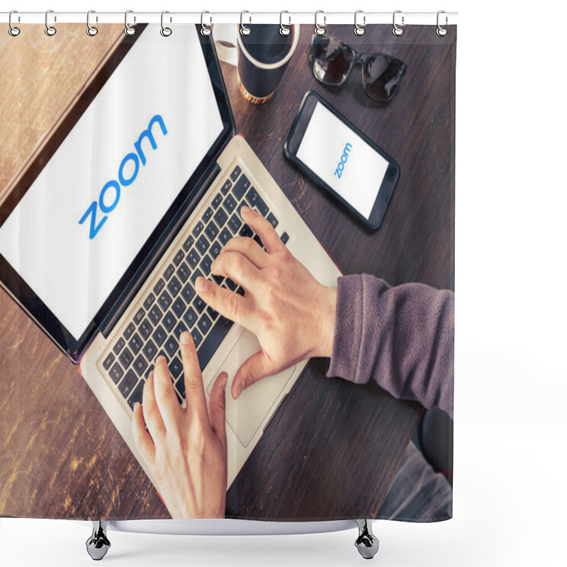 Personality  Laptop And Mobile Phone Showing Zoom Cloud Meetings App Logo. Antalya, TURKEY - March 30, 2020. Shower Curtains