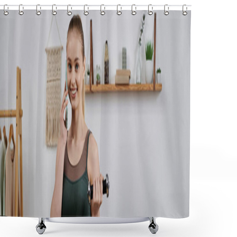 Personality  A Woman In Workout Clothes Smiles While Lifting Weights And Talking On Her Phone. Shower Curtains