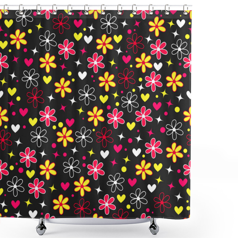 Personality  Colorful Background With Bright Flowers, Hearts And Stars In Style Pop Art. Vector Seamless Pattern With Bright Design Elements.  Shower Curtains