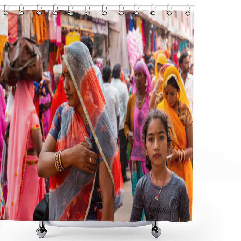 Personality  Pushkar, Rajasthan / India - November 2019 : Indian Young Female Participating In Pushkar Fair In Regional Dress To Attract Tourists Shower Curtains