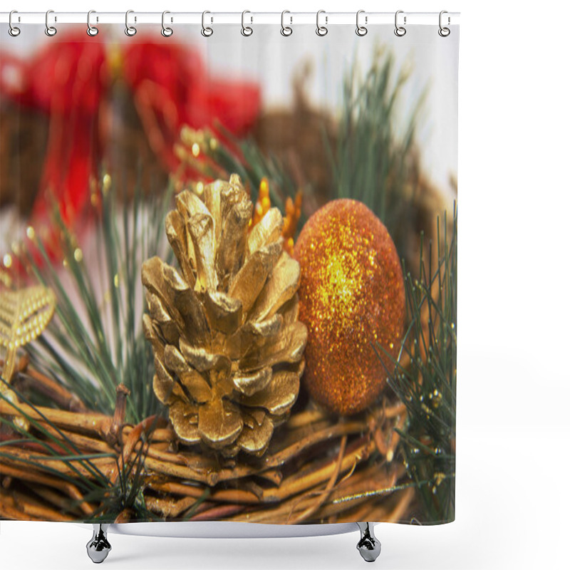 Personality  Decorative Christmas Wreath With Pine Cones Toys Ornaments Pine  Shower Curtains