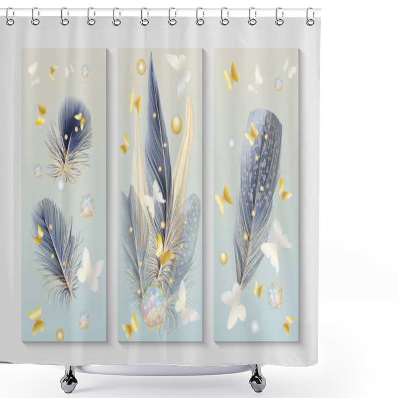 Personality  Set Of Modern Creative Gold And Blue Feather And Butterflies. Illustrations For Home Decor, Banners, And Prints. Vector Illustration. Shower Curtains