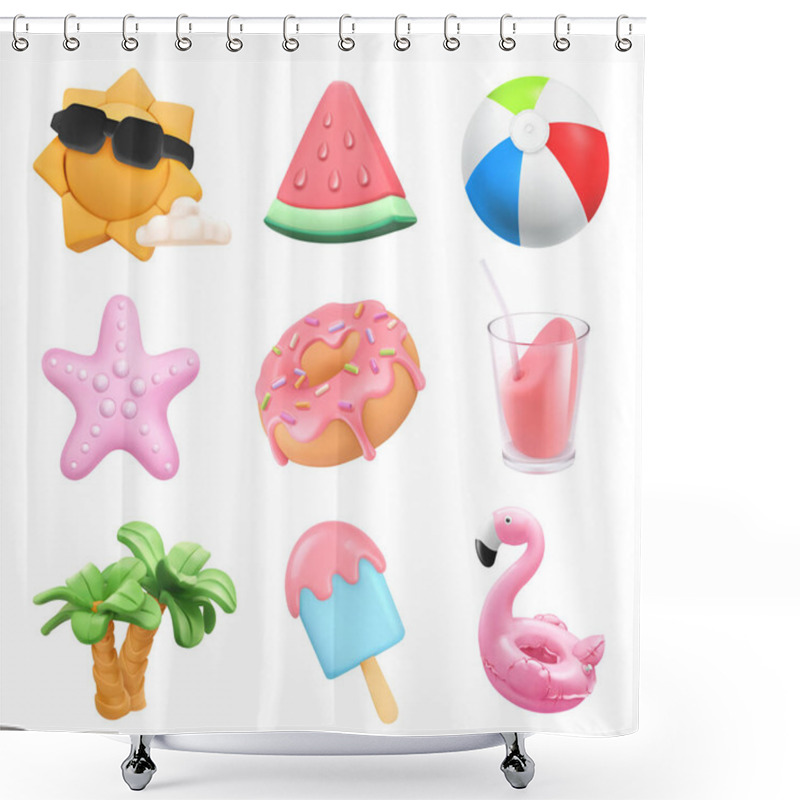 Personality  Summer Icons Set. Sun, Ball, Inflatable Flamingo Toy, Watermelon, Cocktail, Palm Trees, Starfish, Donut, Ice Cream. 3d Vector Plasticine Art Objects Shower Curtains