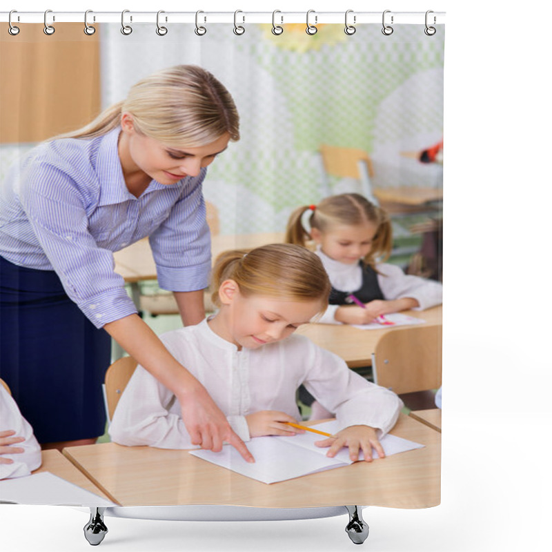 Personality  Teacher Helps Little Girl With The Task. Shower Curtains