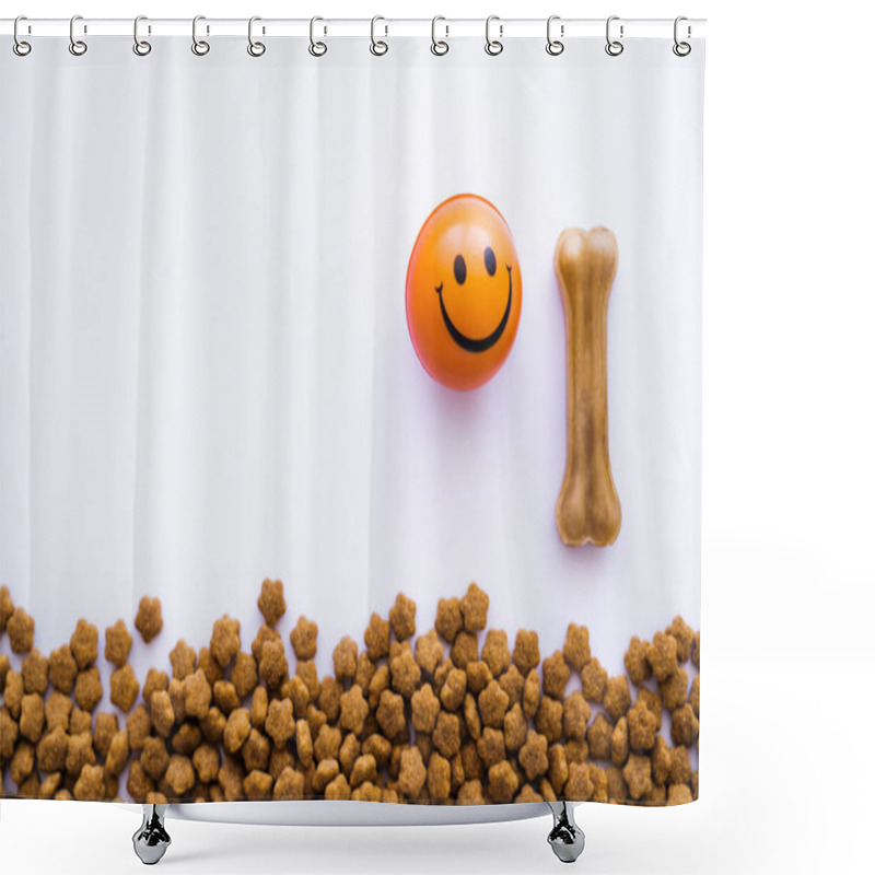 Personality  Top View Of Ball With Smiley Emoticon Near Pet Food And Bone Shaped Treat Isolated On White Shower Curtains