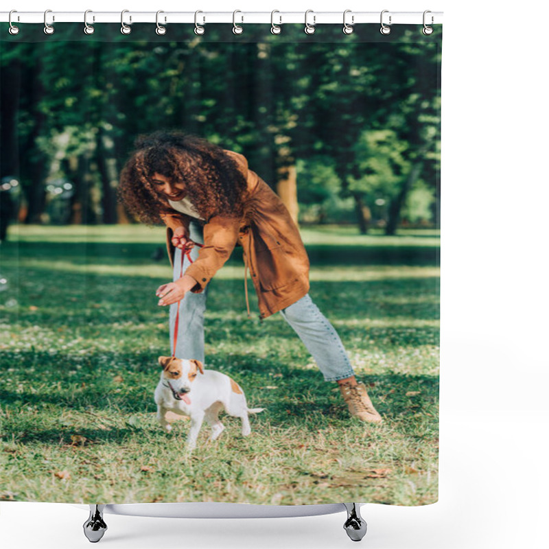 Personality  Selective Focus Of Curly Woman In Raincoat Playing With Jack Russell Terrier In Park  Shower Curtains