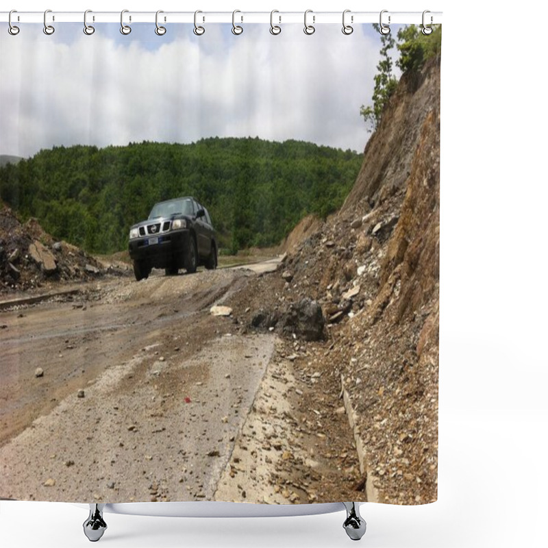 Personality  Bajgora, Mitrovica, Kosovo - May 29, 2011: A EULEX Police Nissan Pathfinder Patrol Vehicle Carefully Passes A Landslide Near Bajgor In Albanian Kosovo. Shower Curtains