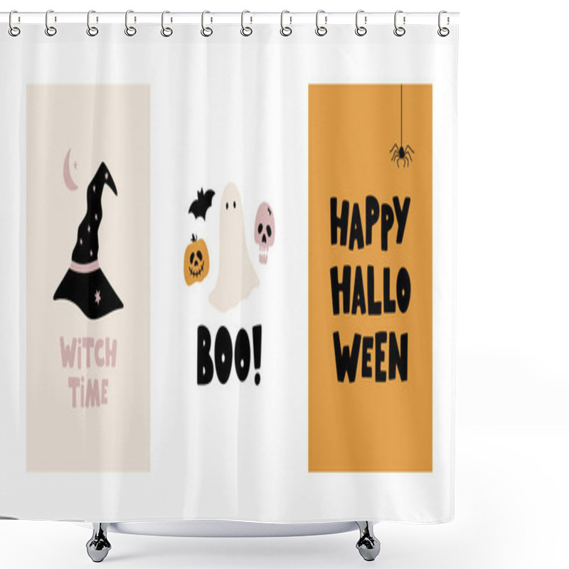 Personality  Hand Drawn Collection Of Halloween Vector Cards. Funny And Spooky Posters For Halloween Party And Autumn Design. Ghosts, Pumpkins, Skulls, Bats, Spiders. Flat Vector Festive Illustration Shower Curtains