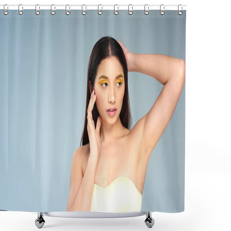 Personality  Asian Woman With Bold Makeup Posing In Strapless Bra On Blue Backdrop, Radiant Skin And Visage Shower Curtains