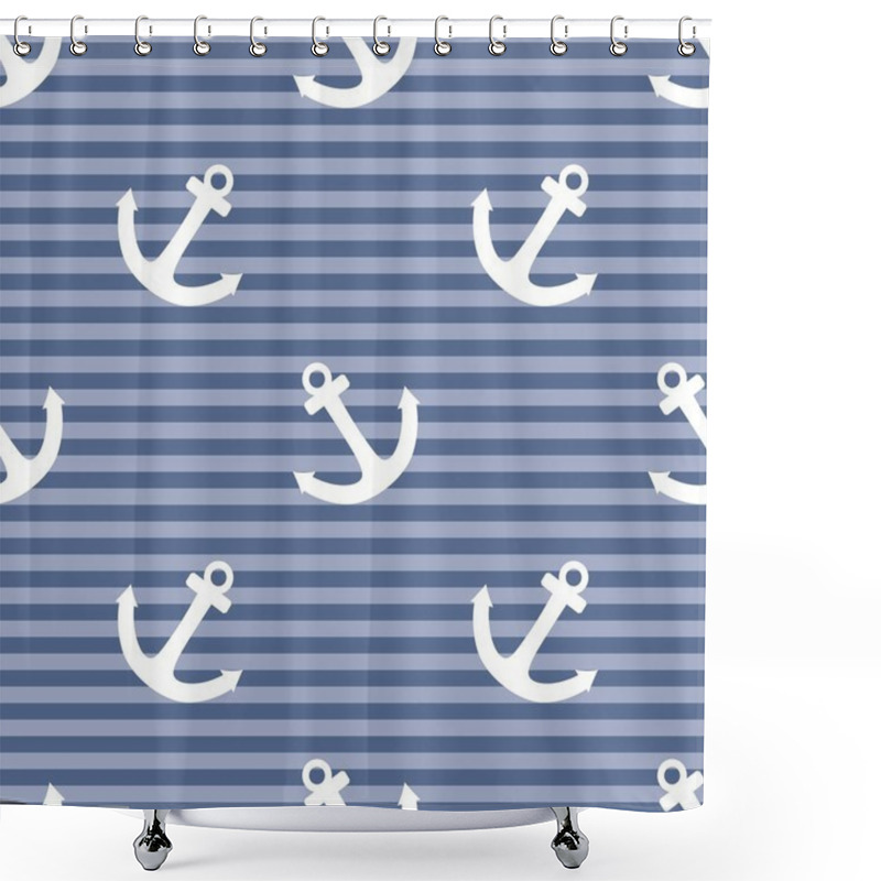 Personality  Tile Sailor Vector Pattern With White Anchor On Navy Blue Stripes Background Shower Curtains