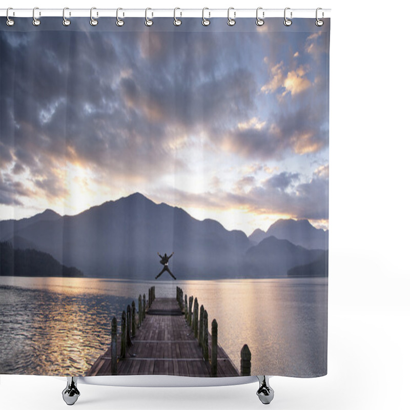 Personality  Successful Businessman Jumping On The Pier Shower Curtains