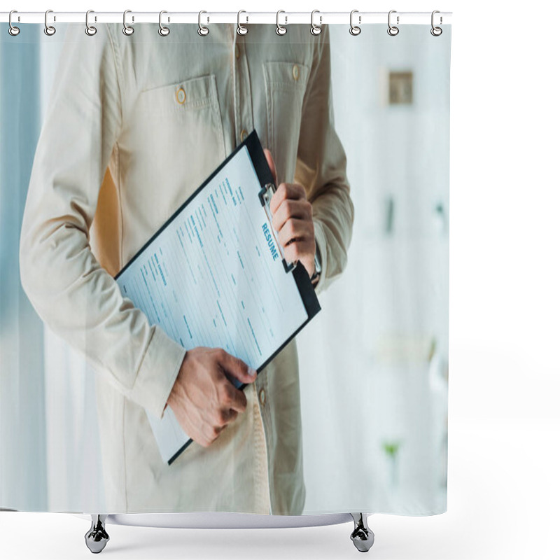 Personality  Cropped View Of Man Holding Clipboard While Standing In Office  Shower Curtains