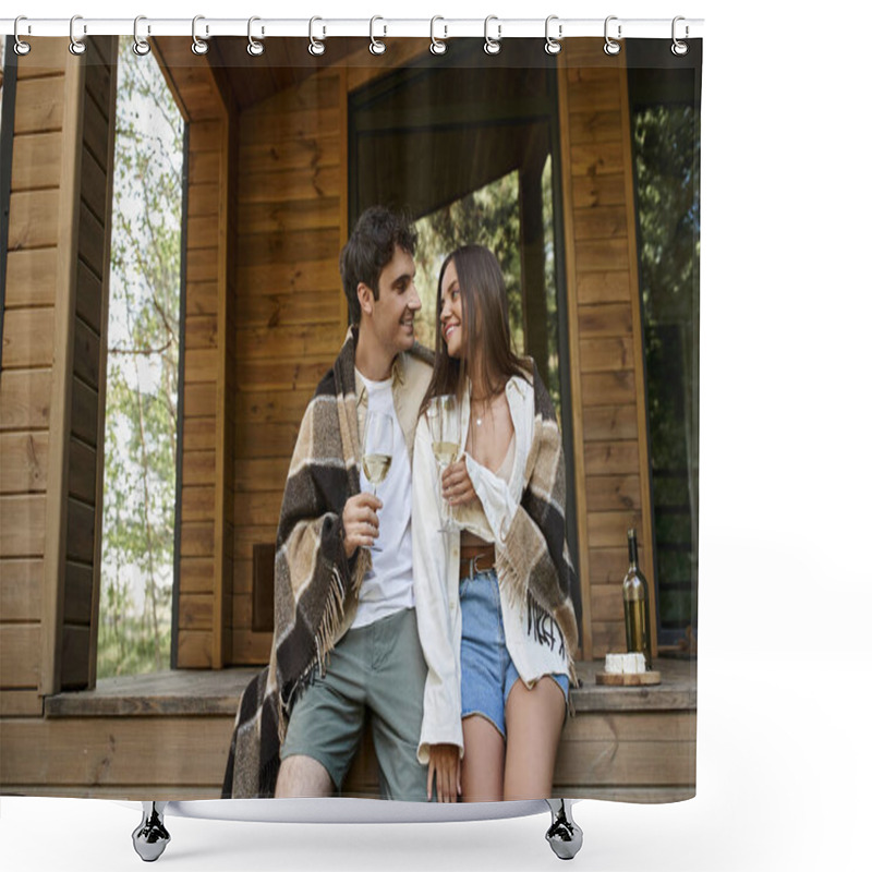 Personality  Smiling Couple In Blanket Holding Wine Near Cheese And Vacation House At Background Shower Curtains