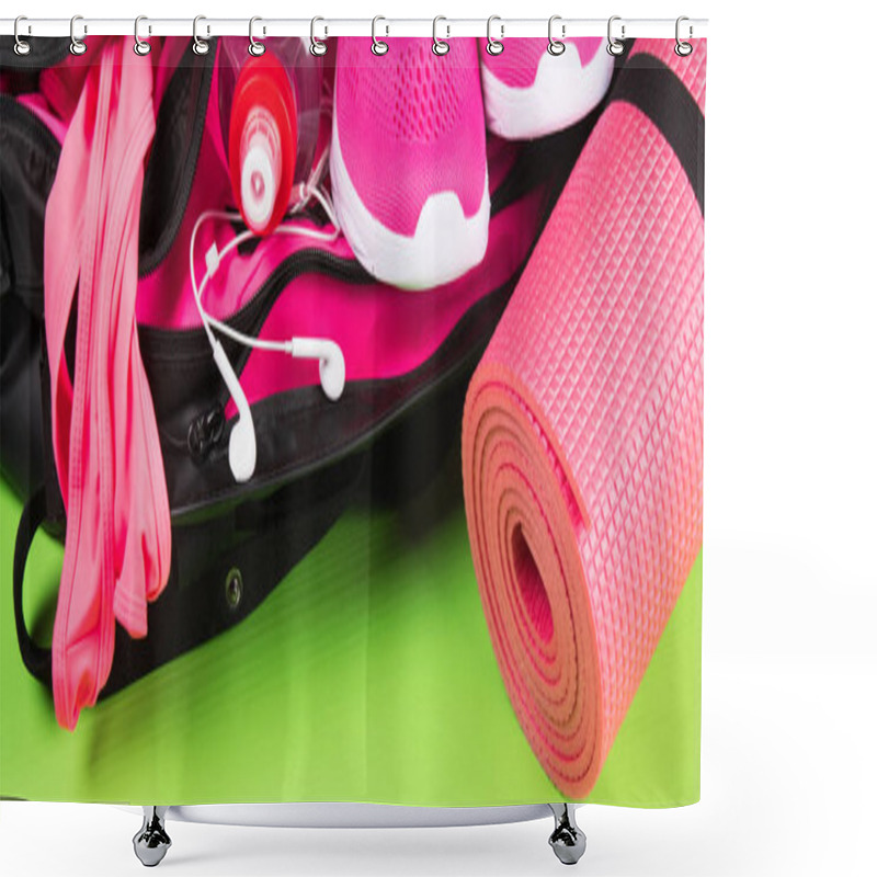 Personality  Bag With Things For Fitness On The Green Floor, Long Photo Shower Curtains