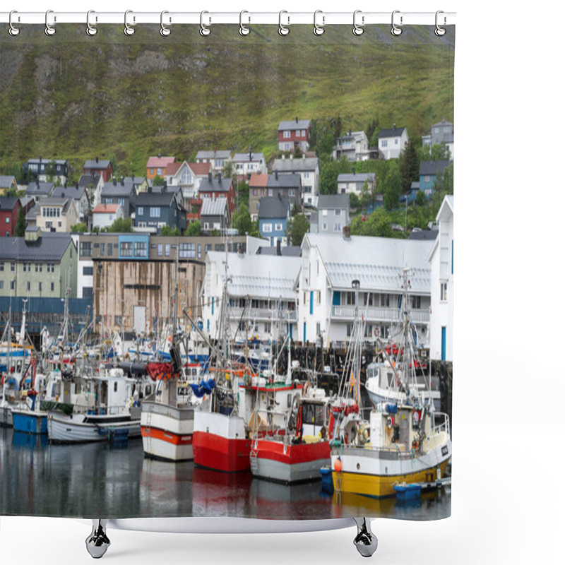 Personality  Honningsvag, Norway - 07.03.2024: Ships In The Port Of North Cape In Honningsvag, Norway Shower Curtains