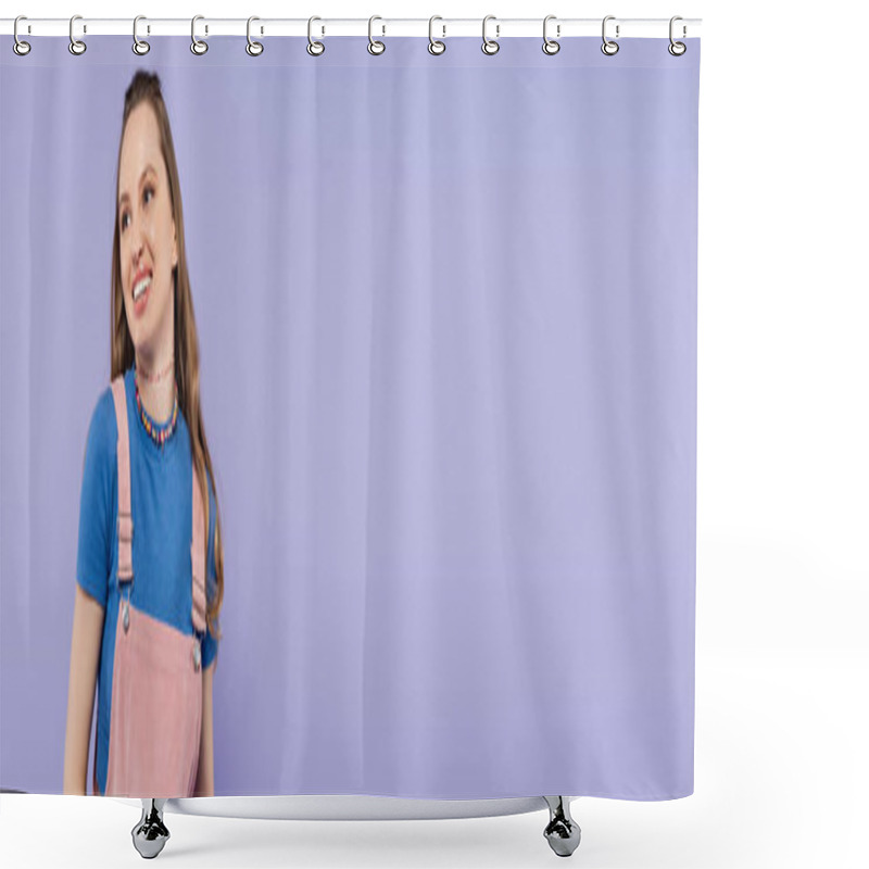 Personality  Cheerful Woman In Overall Dress Isolated On Purple, Banner Shower Curtains