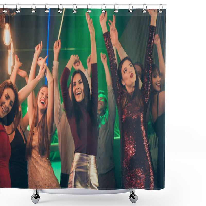 Personality  Portrait Of Positive Cheerful Corporate People Ladies Guys Raise Hands Have Fun In Nightclub Party Dance Feel Crazy Wear Formalwear Outfit Dress Skirt On Discotheque Shower Curtains