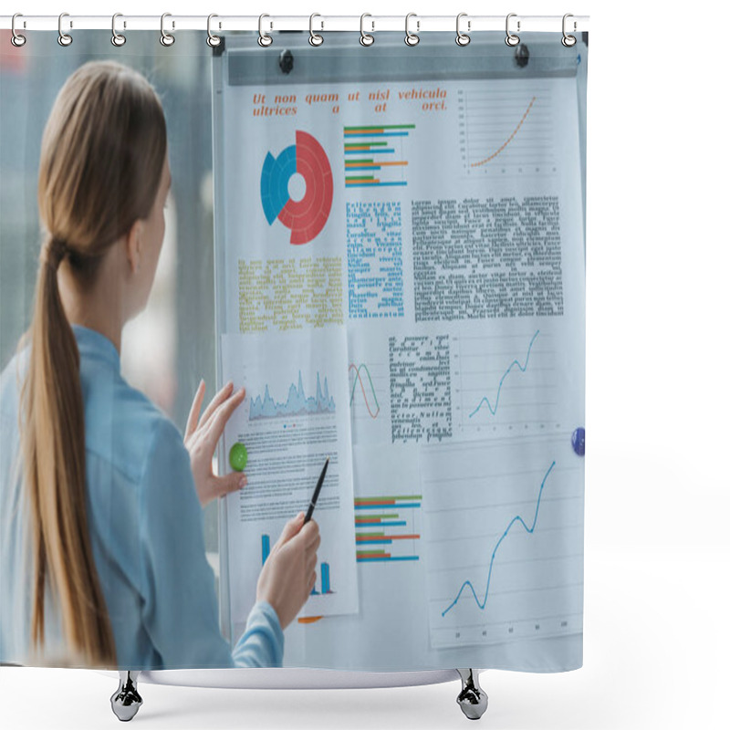 Personality  Back View Of Young Businesswoman Pointing With Pen At Infographics On Flipchart Shower Curtains