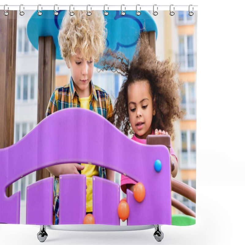 Personality  Two Curly Multiethnic Little Kids Having Fun At Playground  Shower Curtains