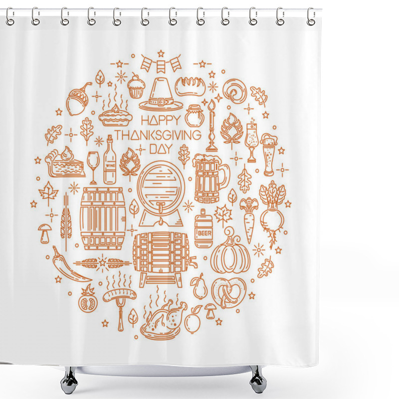 Personality  Happy Thanksgiving Day Line Icon Set Shower Curtains