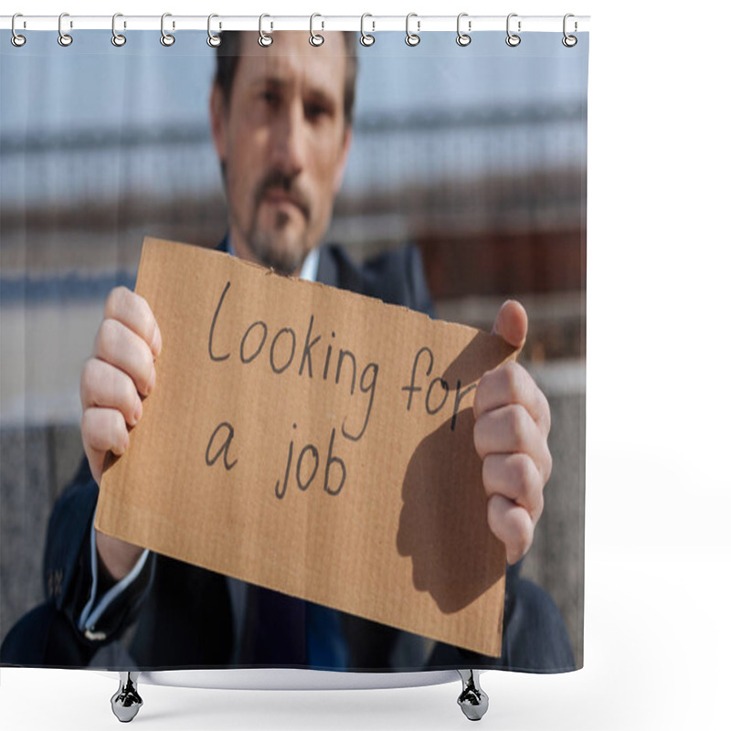 Personality  Handsome Bearded Man Holding Poster In His Hands Shower Curtains