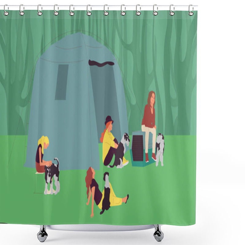 Personality  Group Of Girls Sitting Near Tents With Terrier Dogs. Open Air Dog Show Attendants. Camping With Pets. Flat Style Cartoon Stock Vector Shower Curtains