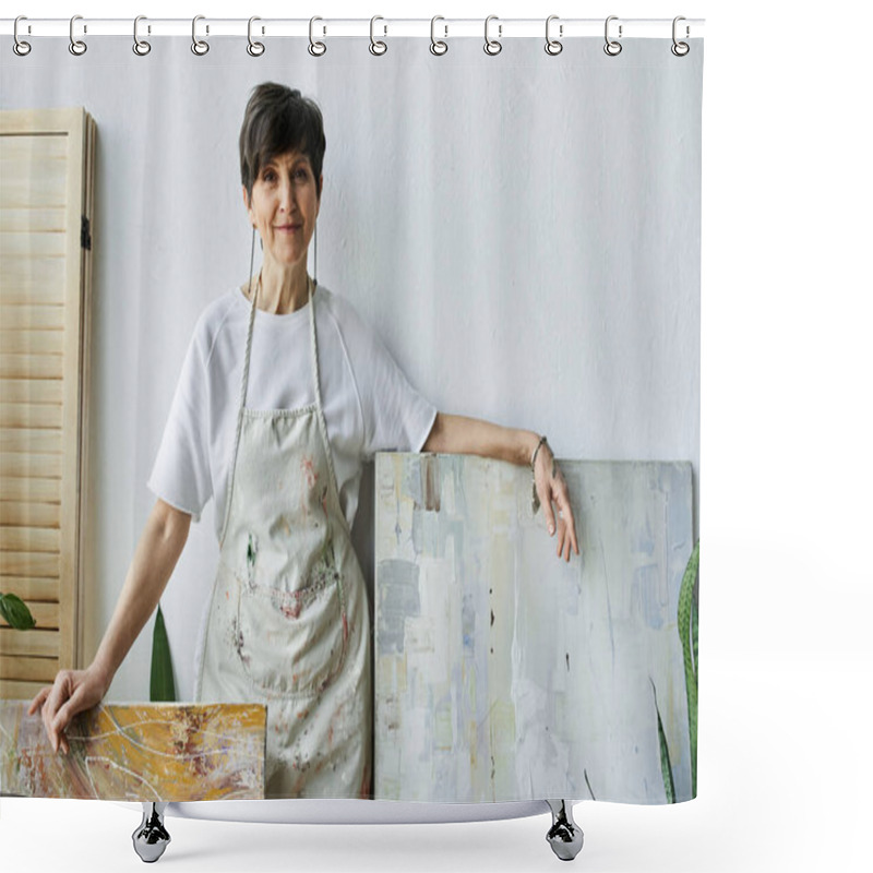 Personality  A Woman In An Apron Stands Proudly By Her Canvases In A Sunlit Art Studio. Shower Curtains