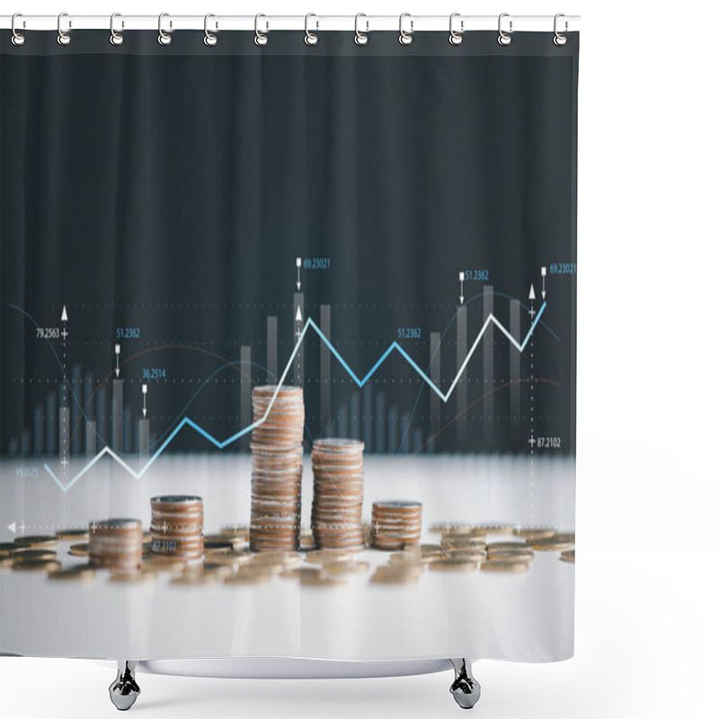 Personality  Finance And Business Concept. Investment Graph And Rows Growth Of Coins On Table, Coin Money With Finance And Banking Concept For Background. Concept In Grow And Walk Step By Step For Success. Shower Curtains