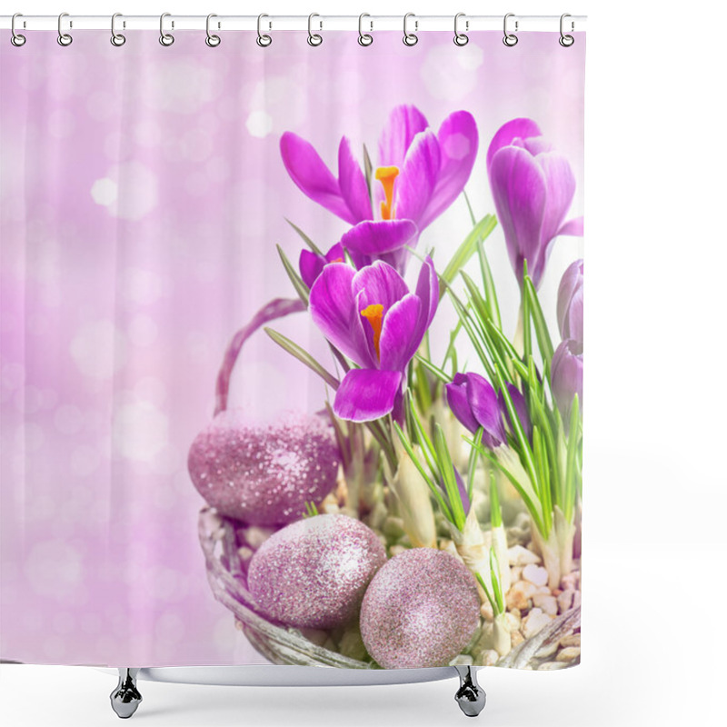 Personality  Crocus Flowers Over Blurred Background Shower Curtains