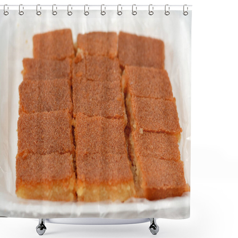 Personality  Plain Basbosa Or Basbusa Cut Into Pieces With Honey Sugary Syrup On It, Basbusa Is A Middle Eastern Dessert That Is Usually Baked In Ramadan Month, Arabian Sweet Cuisine Background, Selective Focus Shower Curtains