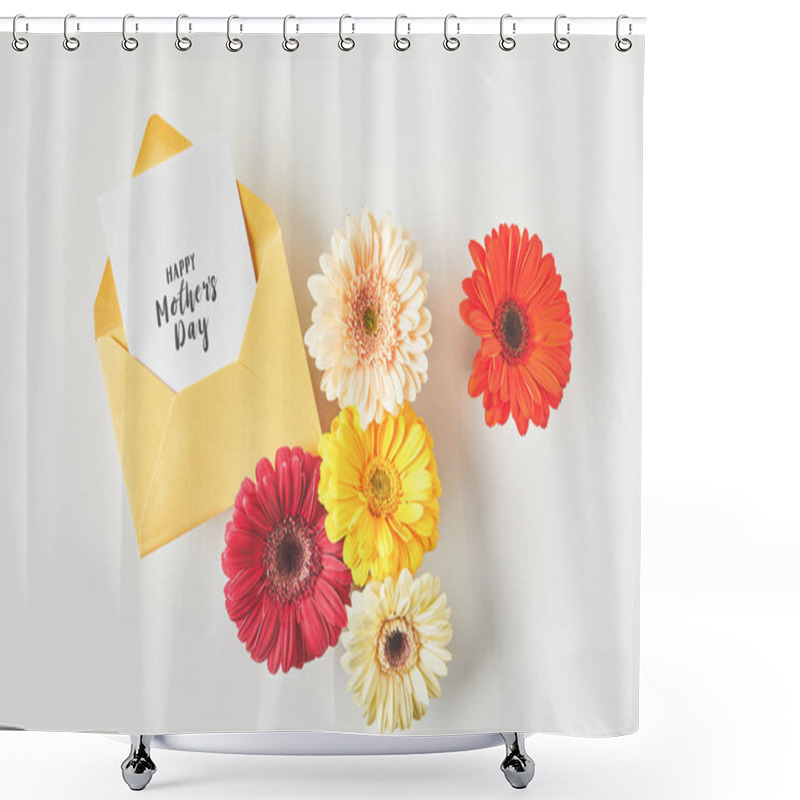 Personality  Top View Of Happy Mothers Day Greeting Card And Beautiful Gerbera Flowers On Grey Shower Curtains