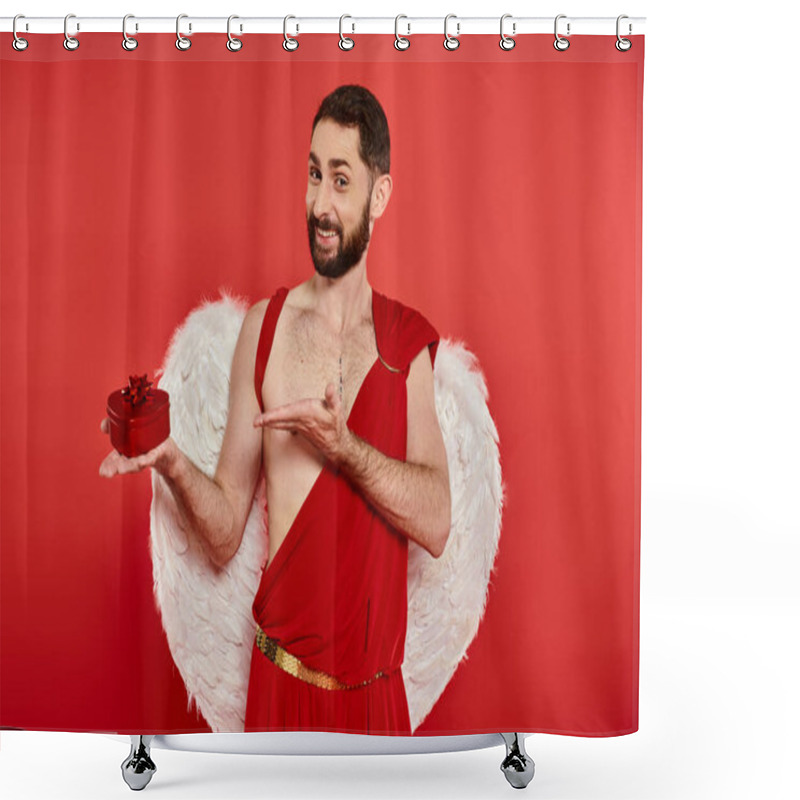 Personality  Joyful Bearded Man In Cupid Costume At Heart-shaped Gift Box On Red, Saint Valentines Day Present Shower Curtains