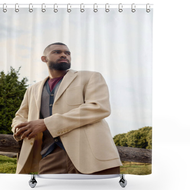 Personality  An Elegantly Dressed Man Enjoys An Autumn Day, Blending Fashion With The Beauty Of Nature Around Him. Shower Curtains