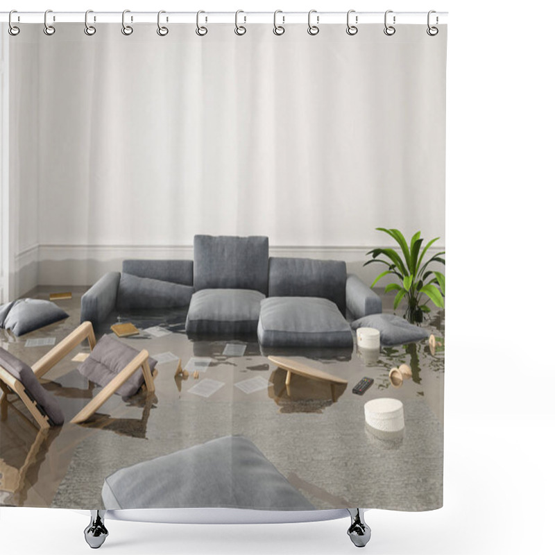 Personality  Flood In Brand New Apartment. 3d Rendering Shower Curtains