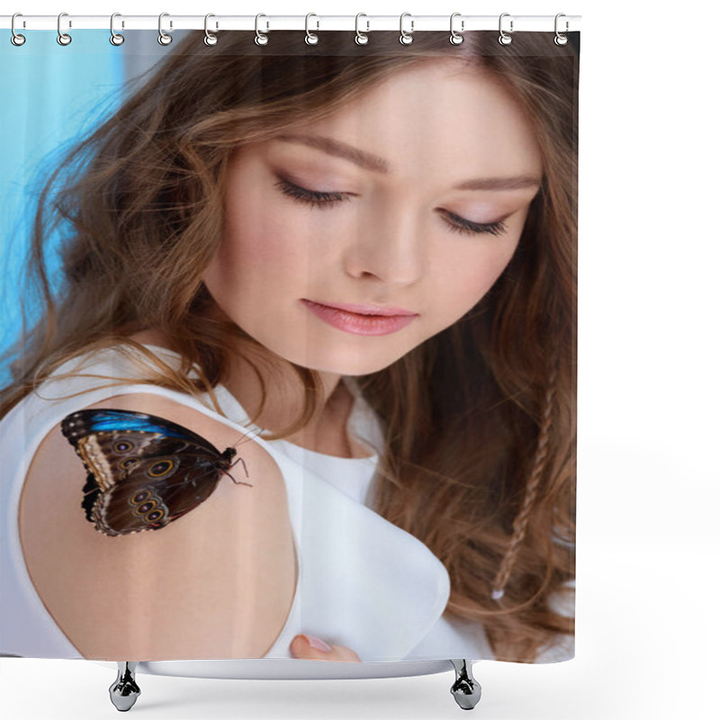 Personality  Sensual Young Woman With Butterfly On Shoulder Shower Curtains