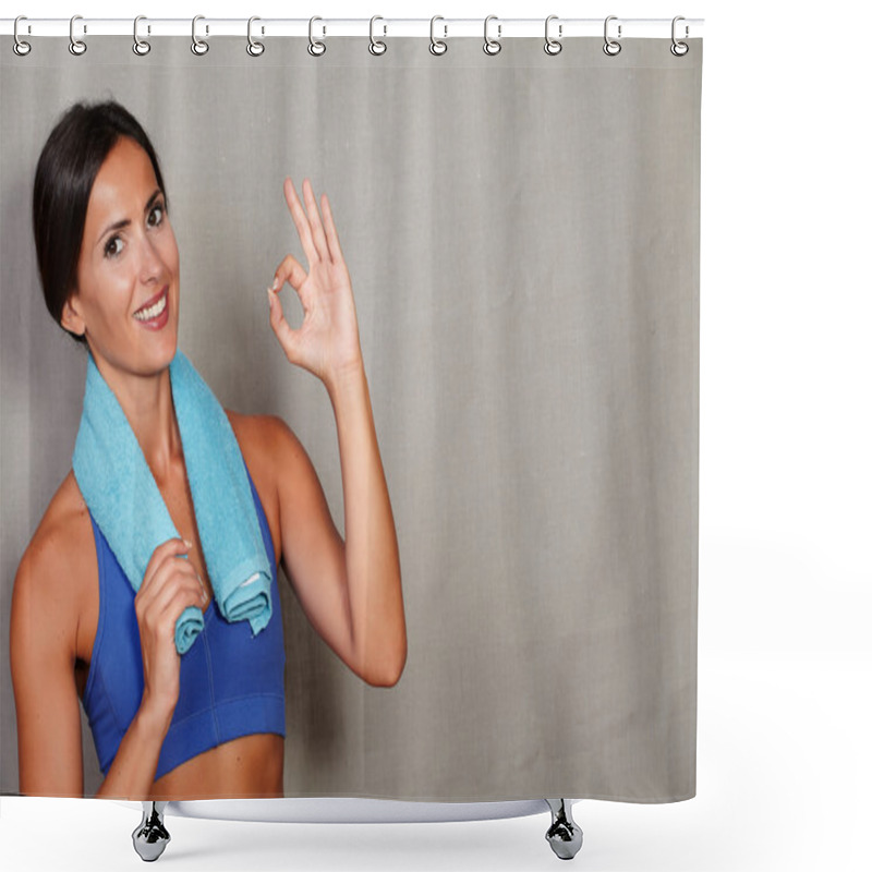 Personality  Satisfied Fitness Lady Showing Ok Sign Shower Curtains