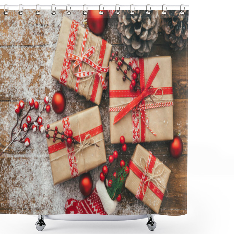 Personality  Christmas Gift Box On Wooden Table. Shower Curtains