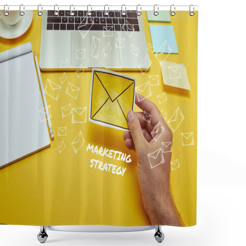 Personality  Cropped Image Of Man Holding Envelope Sign Near Laptop With 