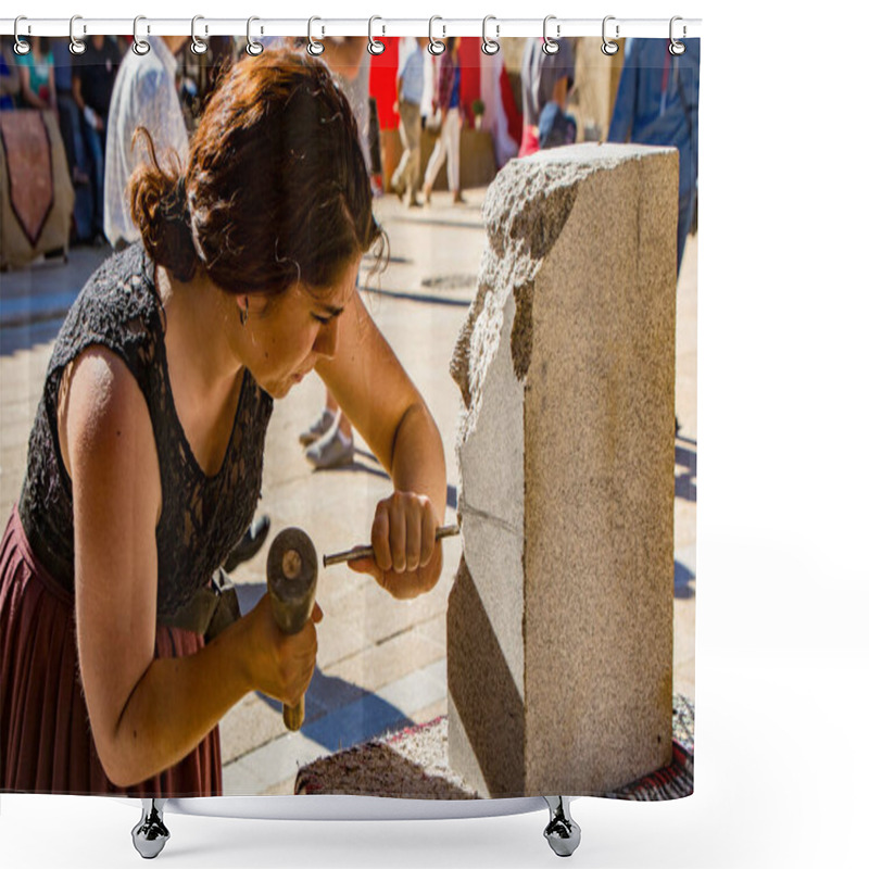 Personality  Penedono , Portugal - July 1, 2017 - Woman Carves New Sculpture In Annual Medieval Fair Shower Curtains