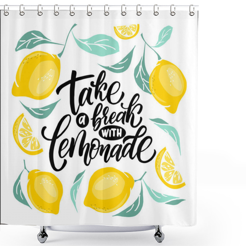 Personality  Lemonade Lettering With Lemon Label. Brush Calligraphy Of Word Lemonade. Shower Curtains