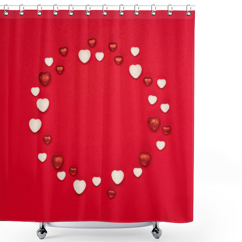 Personality  Festive Holiday Greeting Card For Valentines, Birthday, Woman, Mothers Day. Red White Hearts On Red Background. Valentines Day Concept. Flat Lay, Top View, Copy Space. Shower Curtains