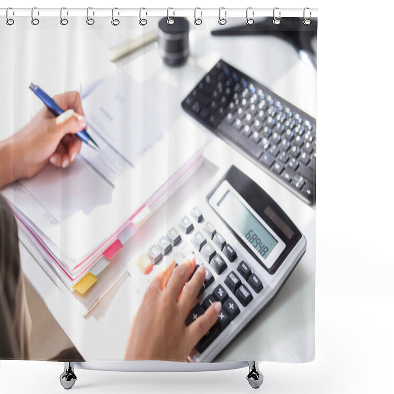 Personality  Businesswoman Calculating Tax At Desk In Office Shower Curtains