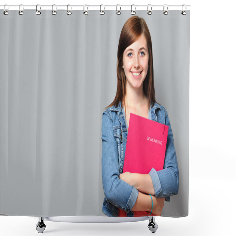 Personality  Young Woman Holding Job Application Shower Curtains