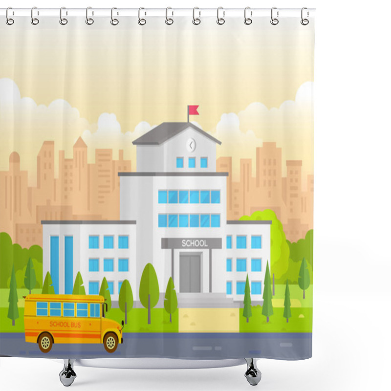 Personality  City School Building With Yellow Bus - Modern Vector Illustration Shower Curtains