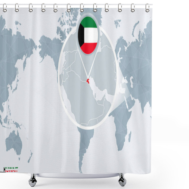 Personality  World Map Centered On America With Magnified Kuwait. Blue Flag And Map Of Kuwait. Abstract Vector Illustration. Shower Curtains