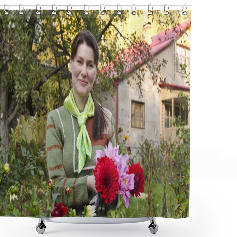 Personality  Young Woman Cuts Dahlias In The Fall Garden. Shower Curtains