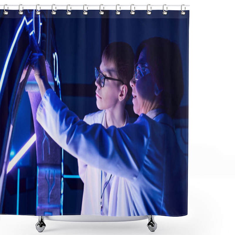 Personality  Scientific Discovery, Woman Scientist And Young Intern Exploring Device In Discovery Center Shower Curtains